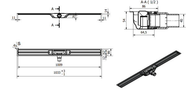I-Drain One Abs Linear 54 Odpływ Liniowy + Ruszt Tile 100cm - IDABS4M010001x1