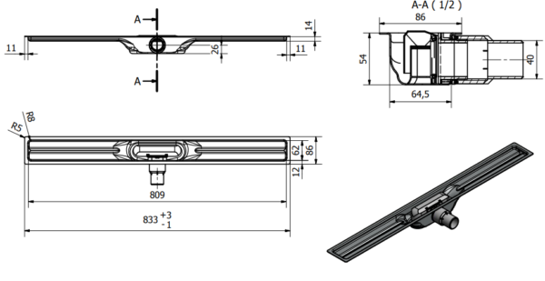 I-Drain One Abs Linear 54  Odpływ Liniowy + Ruszt Tile  80cm - IDABS4M08001x1