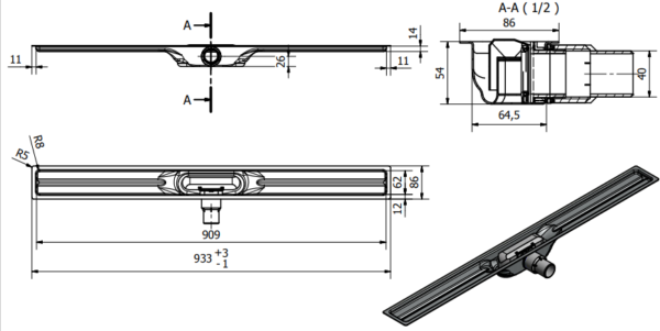 I-Drain One Abs Linear 54 Odpływ Liniowy + Ruszt Tile 90cm - IDABS4M09001x1