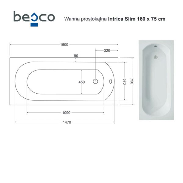 Besco Intrica Slim 160x75cm wanna prostokątna - WAIN-160-SL